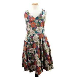 Eva Rose Dress Fit &Flare Floral Retro Swing Rockabilly Pockets Bombshell Size M